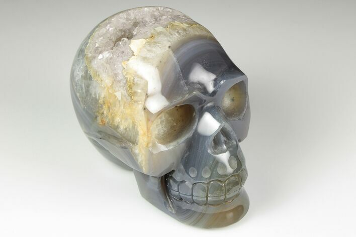 Polished Banded Agate Skull with Quartz Crystal Pocket #190524